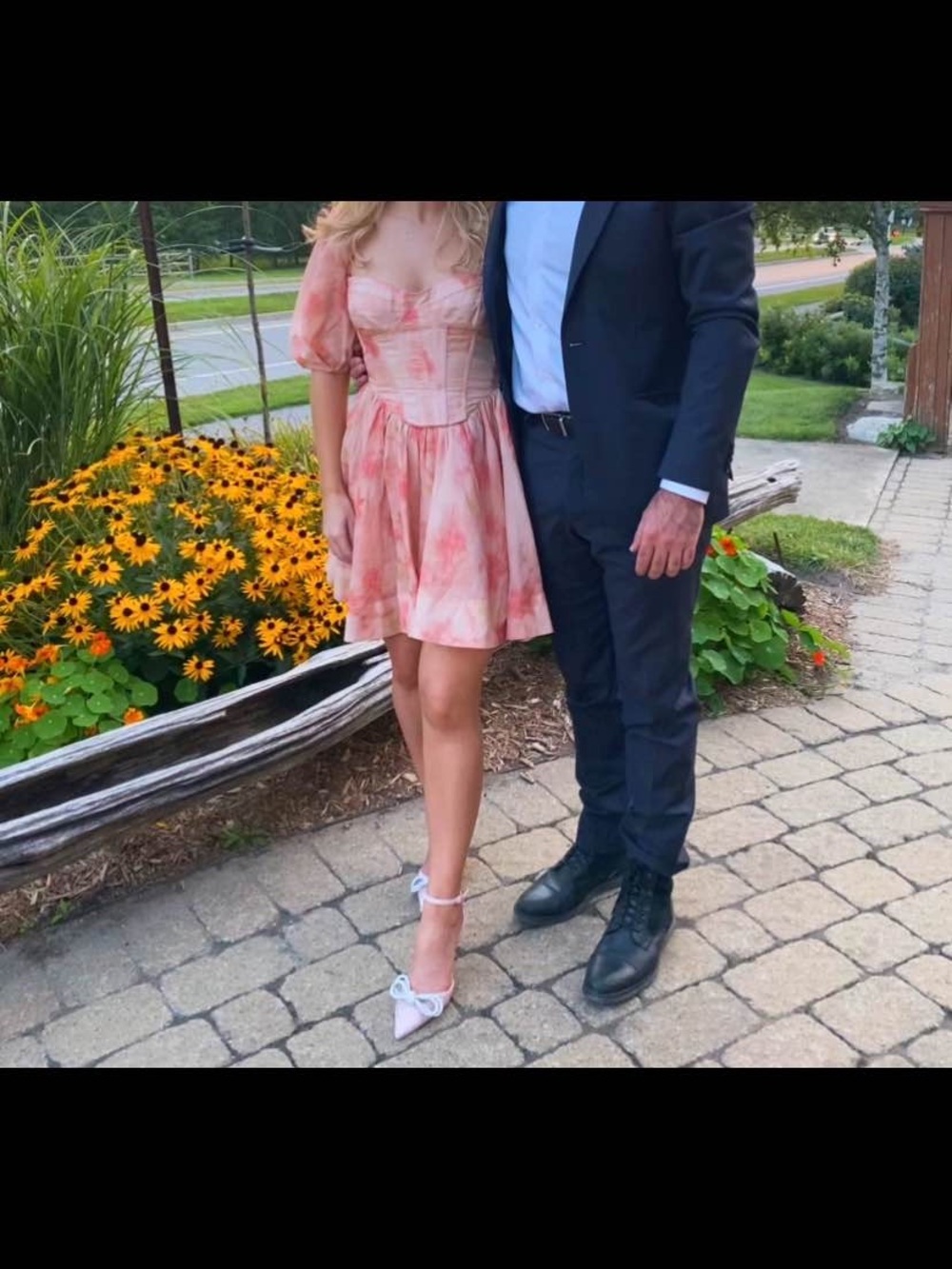 Bardot Pink-Orange Floral Puff Sleeve Corset Mini Dress - Picture 2 of 3